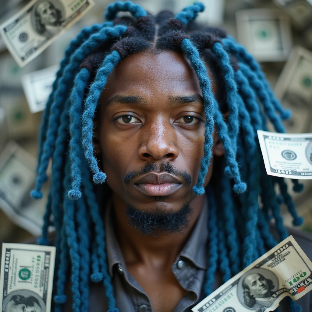 photorealistic person with blue dreadlocks surrounded by cash, AI-generated look emoji