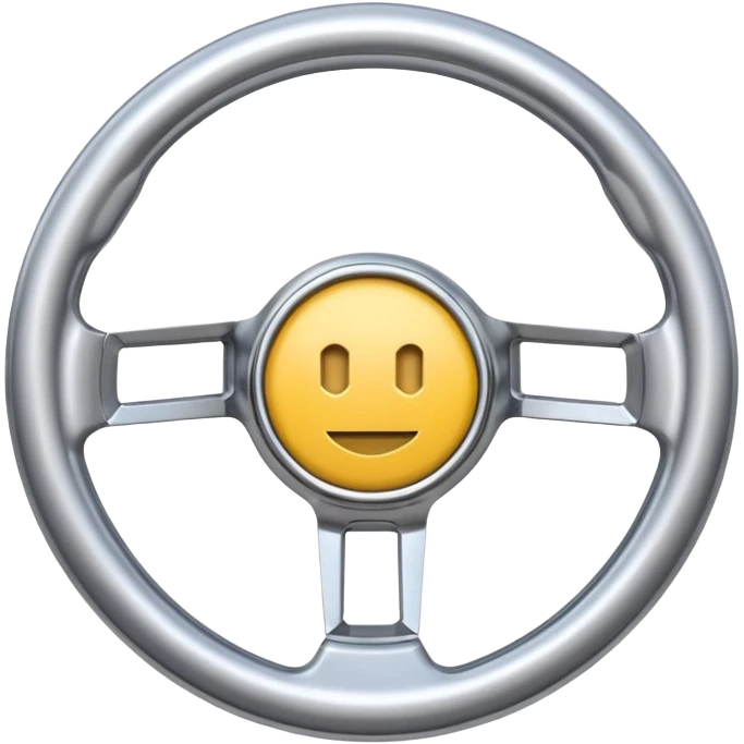 A futuristic steering wheel emoji made of silver chrome, minimal geometric design, smooth metallic surface, soft reflections, iOS emoji style, centered, clean white background emoji