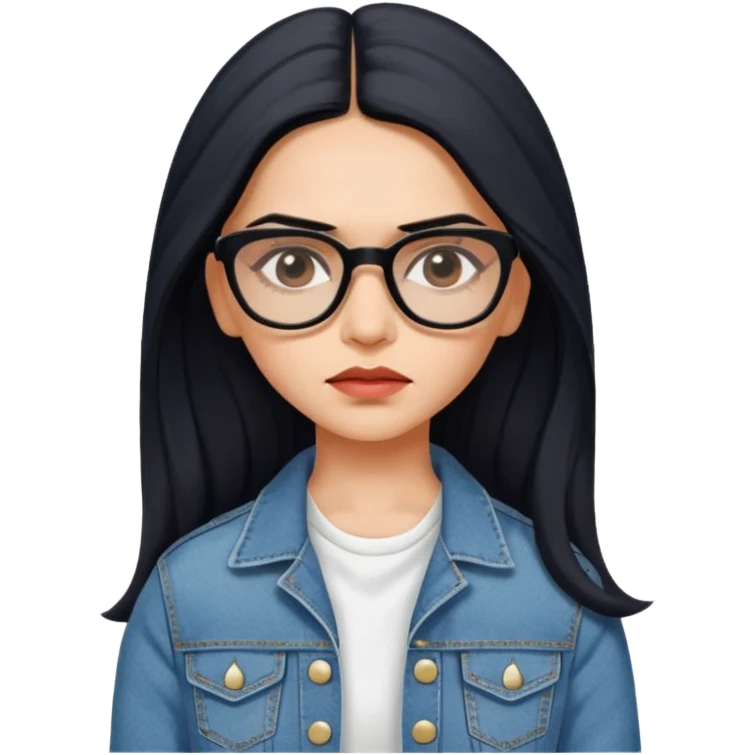 generate a pretty bratz emoji 
Make her wear a white dress with a denim jacket over it.long  black hair in a side part 

She should look exactly  like Deepika padukone! wearing tiny rectangular spectacle, looking sad emoji