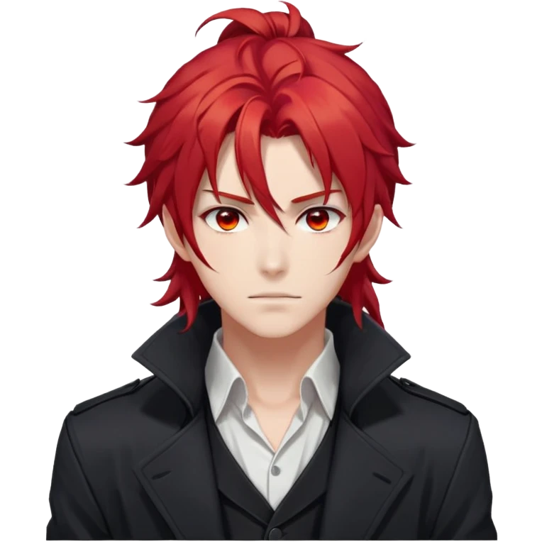 Handsome gorgeous anime man with bright-red hair, thick long messy wavy ponytail, red eyes, white shirt, black jacket, stone face, Diluc from Genshin Impact emoji