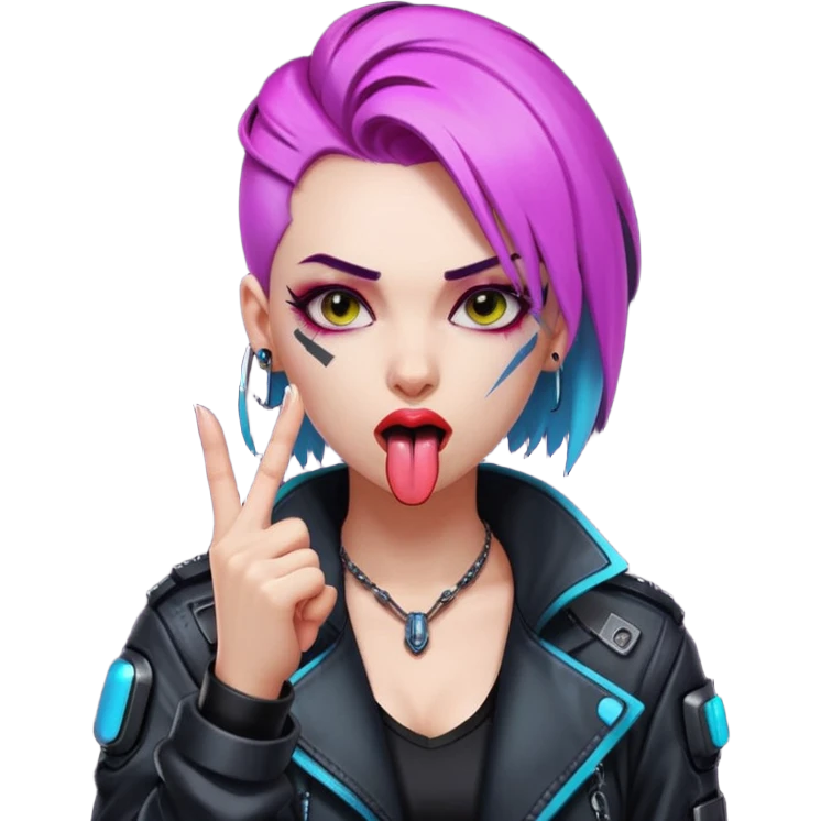 Woman with her tongue out in cyberpunk clothing and giving the middle finger. Looking naughty. emoji