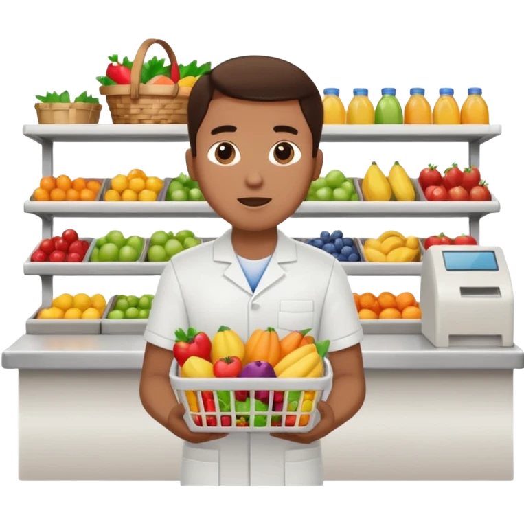 Supermarket employee at a cash register, full body, serving a man surprised emoji
