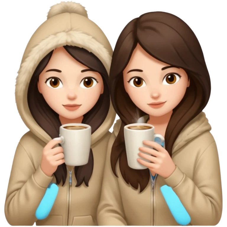2 brunette girls sitting cozily in a beige fur hoodie sipping coffee emoji