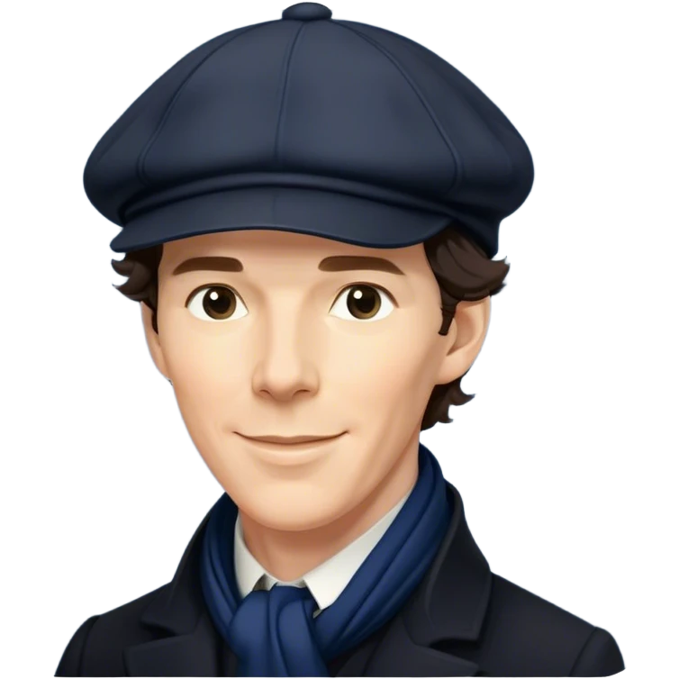 sherlock holmes benedict cumberbatch smile, wearing a deerstalker hat, Long dark coat, Dark suits, dark Blue scarf emoji