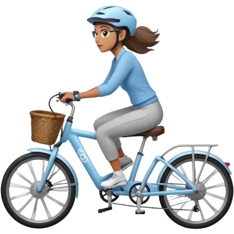 A women who rides a gray e bike with a light blue bike trailer for kids.  emoji