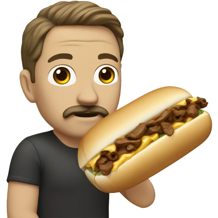 White man with brown hair and a mustache, eating a cheesesteak sub emoji