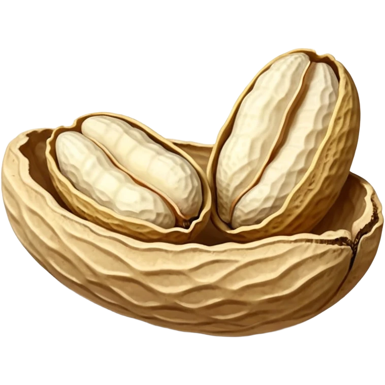 a pair or trio of peanuts in their shells, rough beige texture, oval and irregular, natural ridges, one shell open to reveal pale nuts, no bowl or plate, apple emoji style, soft lighting, transparent background, emoji scale emoji