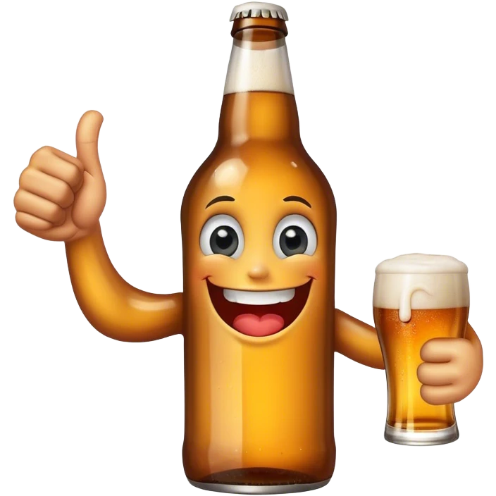A beer bottle with a big smile and expressive eyes giving a BIG thumbs-up emoji