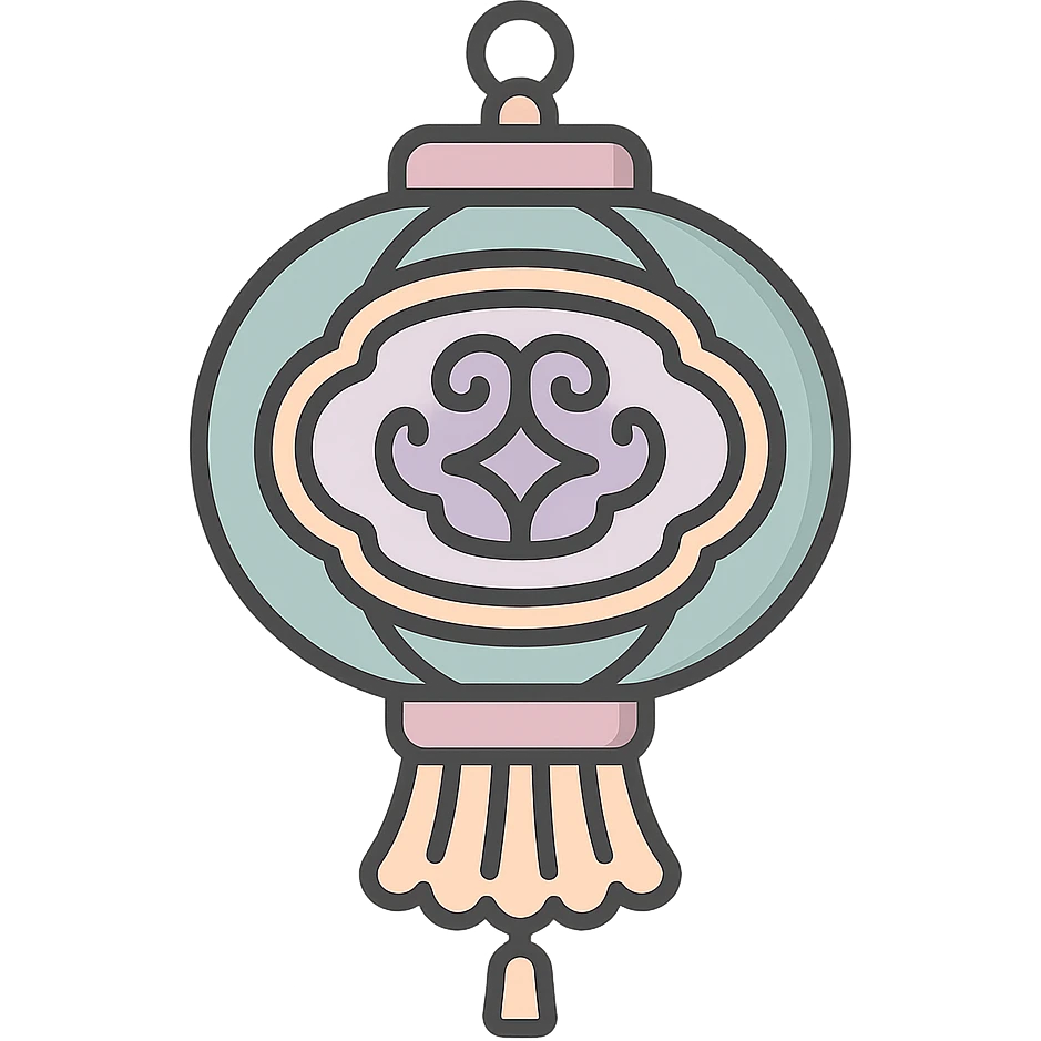 Chinese lantern like the reference with carved ornament and decorative fringe, in icon-color-outlined style. Not minimalist, no floral decor, detailed shadows and highlights, thin clean contours, soft rounded shapes, pastel palette #98B5BC, #B5B3C1, #C9A3C9, #E4C0CA, #F7DCD1, #F7C0AA. Modern Japanese pop art and sticker aesthetics, high detail, vector sharpness, soft lighting, transparent background. emoji