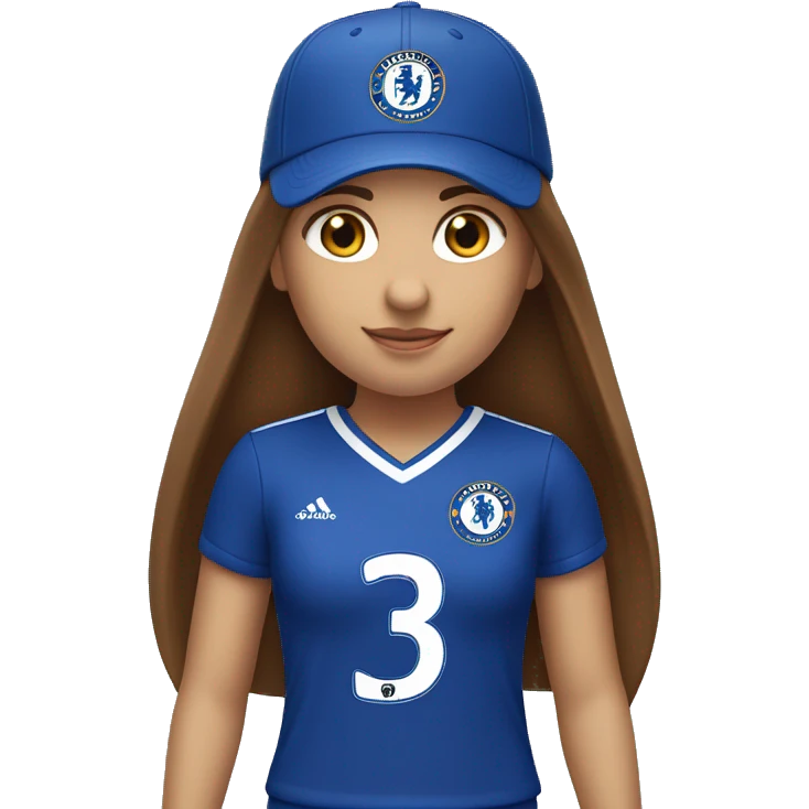girl with long brown straight hair wearing a chelsea fc trikot and a f1 ferrari cap emoji