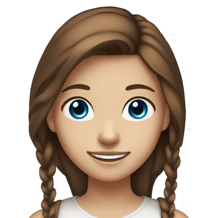 20 year old girl, dark blue eyes, long brown hair out, smiling, blue eyes. white skin emoji