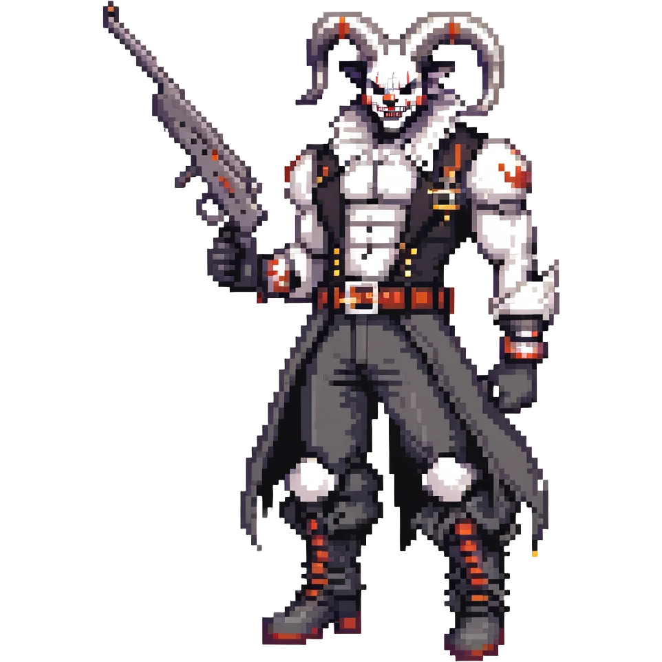 full-body muscular demonic clown, battle-ready, black and white leisure suit with bellbottom pants, bald, black ram horns, flashy black and white belt, ruffled white shirt, no neck tie, large fangs, holding very large futuristic rifle emoji
