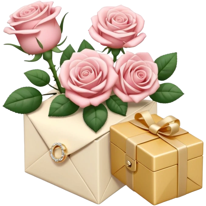 Cute white aesthetic emoji stickers set, including roses bouquet, engagement ring box, envelope with flowers, Chanel perfume, 3D render, glossy texture, delicate details, minimalist background, sticker style,  emoji