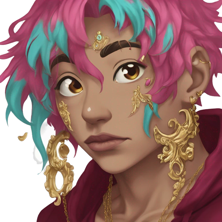 Vintage patina intricate swirls gold jewellery baroque golden raven tropical Deep pink maroon burgundy cyan dark hoodie man vitiligo dyed hair gold piercings nose piercing ear piercings emoji