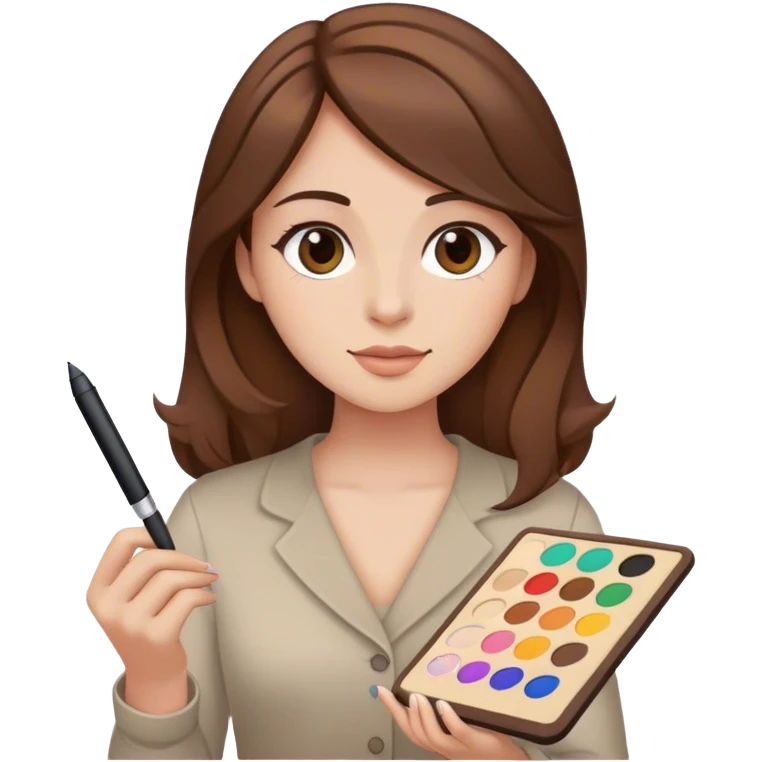 mujer  pelo cafe piel blanca,  con un lapiz pluma y una plaeta de colores y un computador  emoji