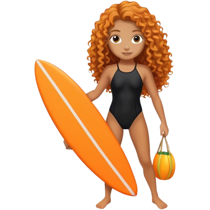 Surfer girl with black swimsuit and orange surfboard and long curly hair emoji