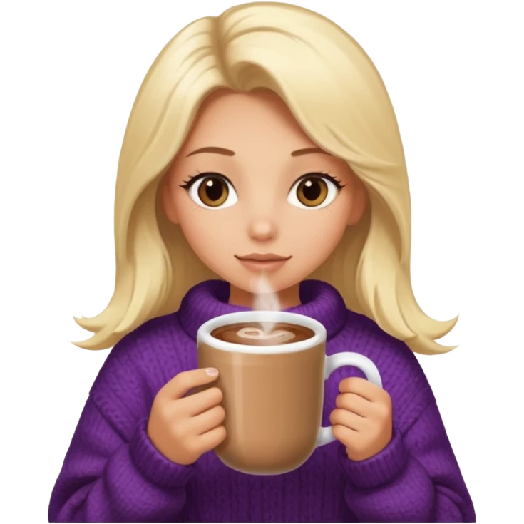 Tanned Girl with lashes , blonde hair, in an extremely big fluffy oversized and hold hot chocolate drink emoji