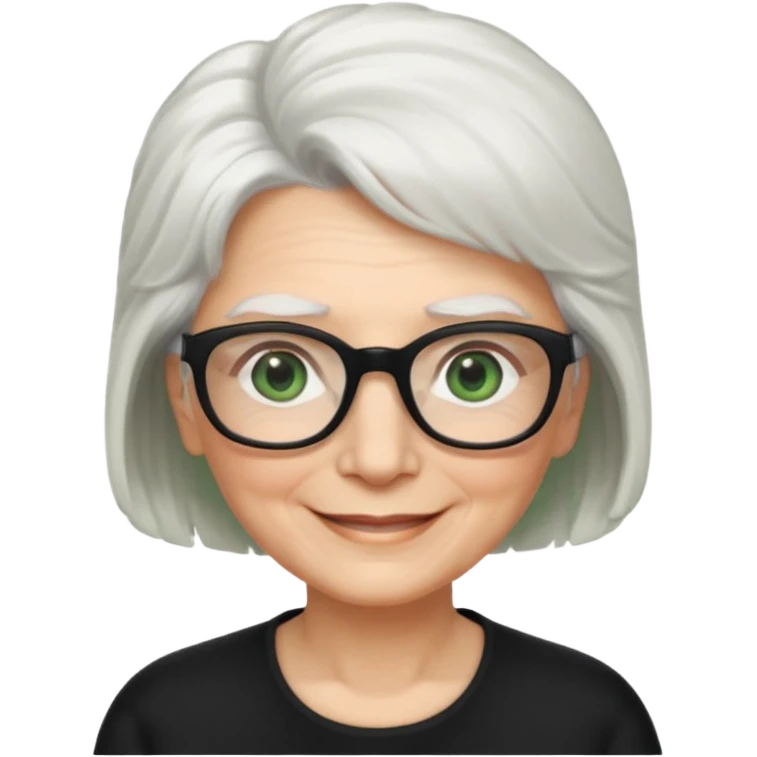 White hair grandma, green eyes, hair to shoulder, lokeg black glasses, rectangles face, smile , emoji