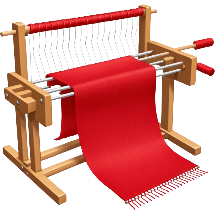 rigid heddle weaving loom set up for weaving a bright red scarf, with red yarn on a stick shuttle laying across the warp threads emoji