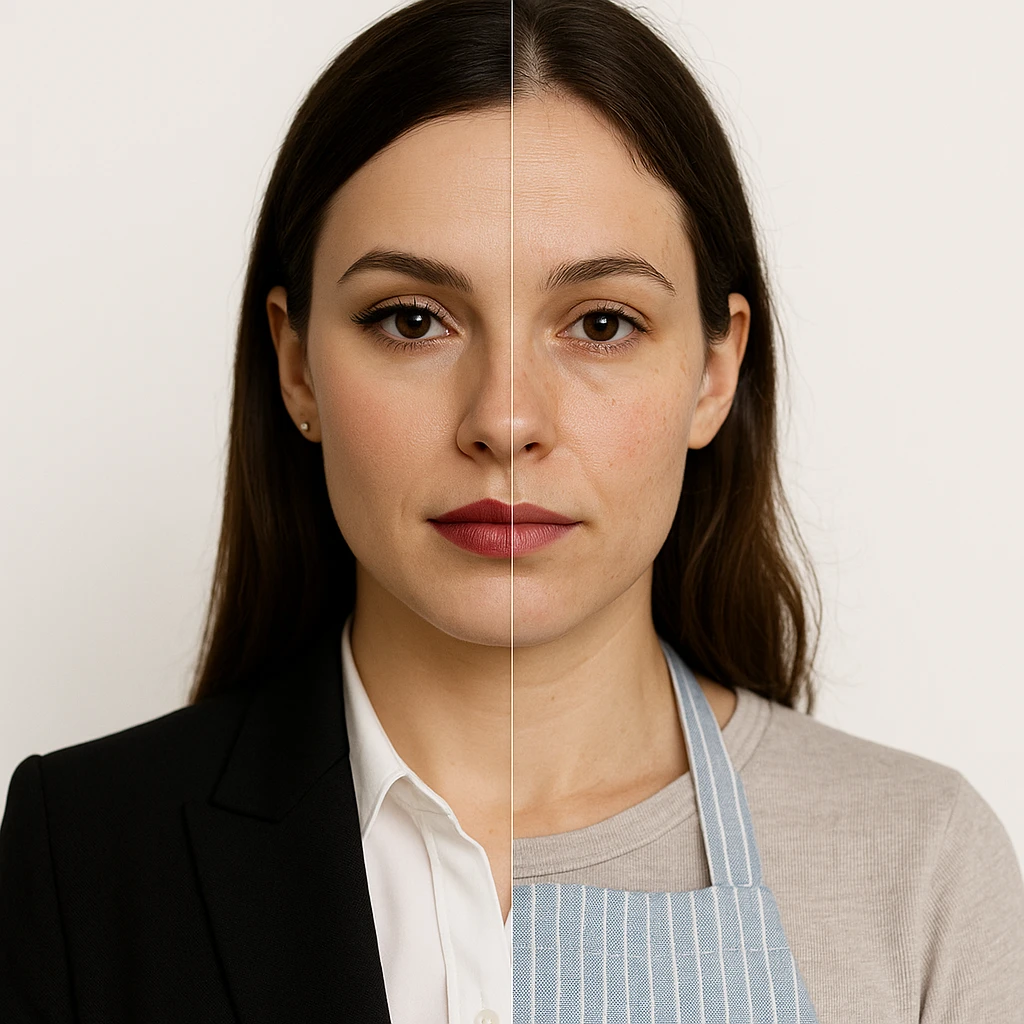 hyper realistic split-image of a woman, half face with professional makeup and office clothes, half face natural, homemaker apron, white background, symmetry, clear contrast emoji