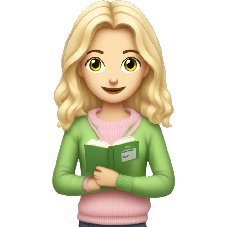 Pretty green eyed white girl with light pink sweater reading cozy emoji