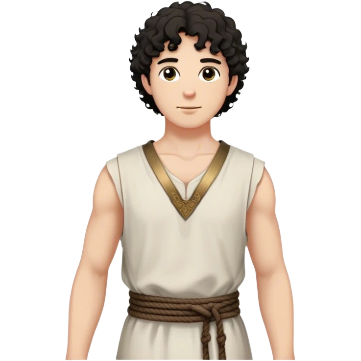 medieval summer outfit worn by a DnD themed fantasy male character. basic sleeveless cotton tunic with a V-shaped neckline and a thin rope belt. clothes only above the waist. The clothes full waist. The character's haven't arms. character is white-skinned, black hair, brown eyes, short curly hair. emoji