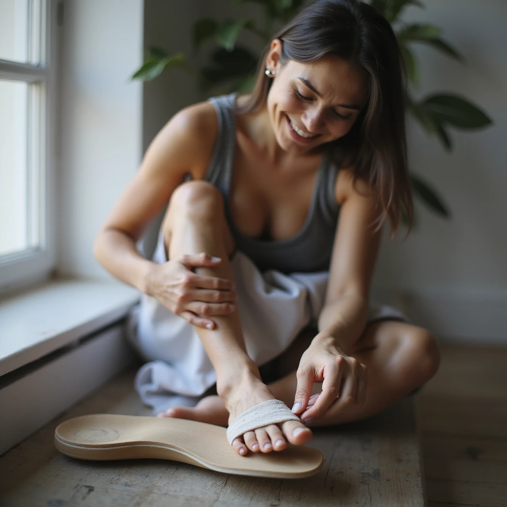 realistic 4K woman sitting putting on insole, smiling satisfied, then massaging foot with discomfort expression to highlight return of pain emoji