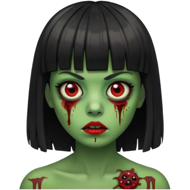 zumbie com cabelo preto e liso de franja vegana e olhos vermelho deixe o zumbir verde  emoji