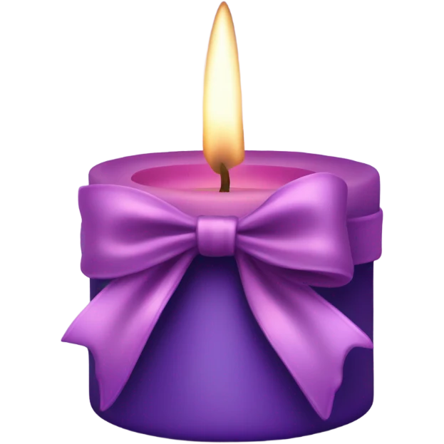 A dark pink candle wrapped with a deep lavender satin bow, glowing softly. emoji