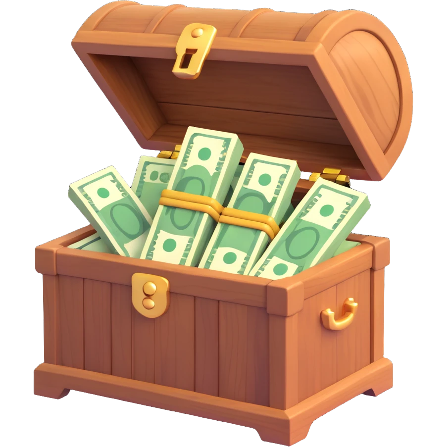 a wooden chest filled with money, 3D emoji style emoji