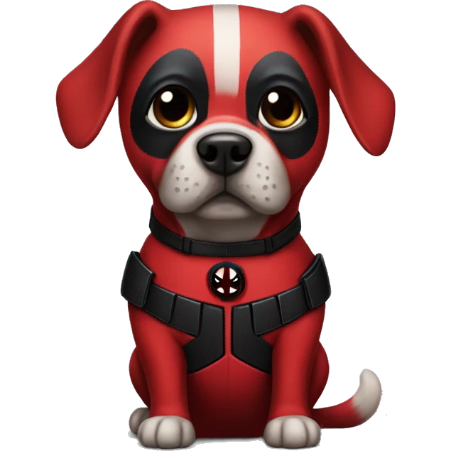 a dog wearing a costume like deadpool emoji