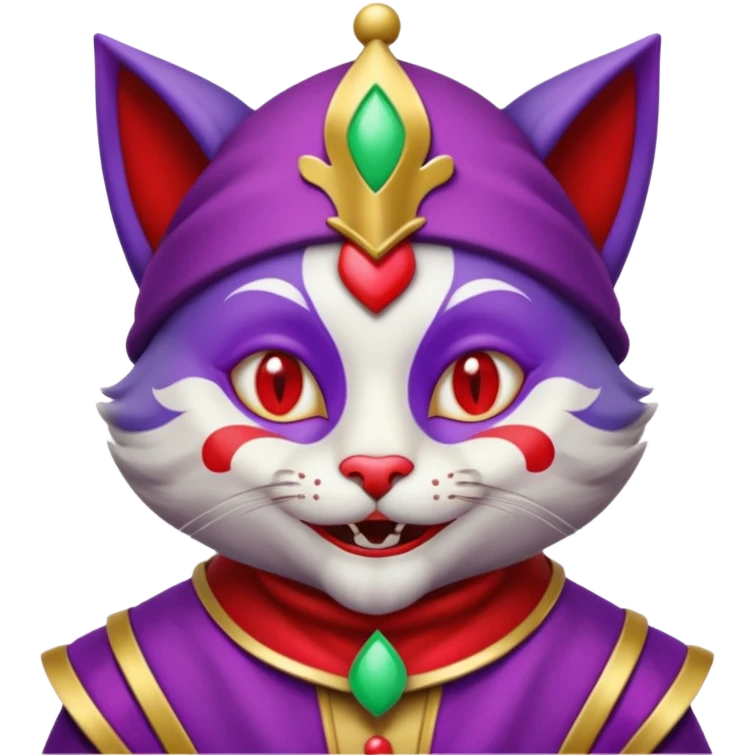 crazy colorful cute little cat jolly joker from poker, medieval, vintage, court jester, mac os icon, purple and red color, silver inserts, half body emoji