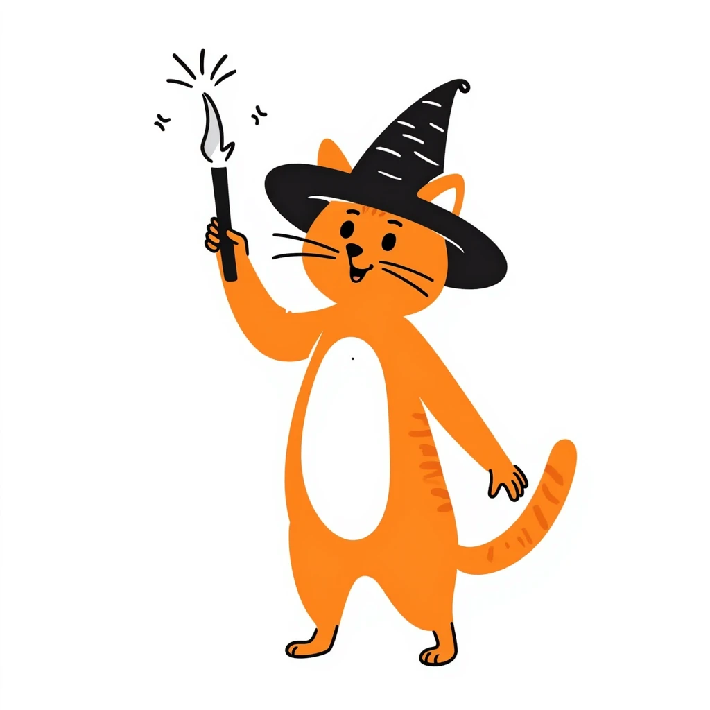 Orange cat wearing a pointy wizard hat and casting a spell with a magic wand emoji