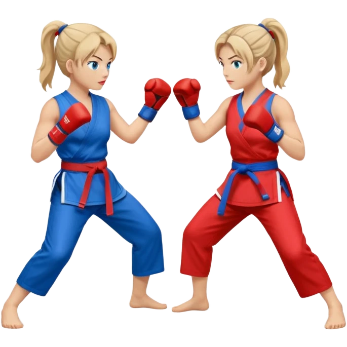 two women sparring, one in blue and one in red emoji