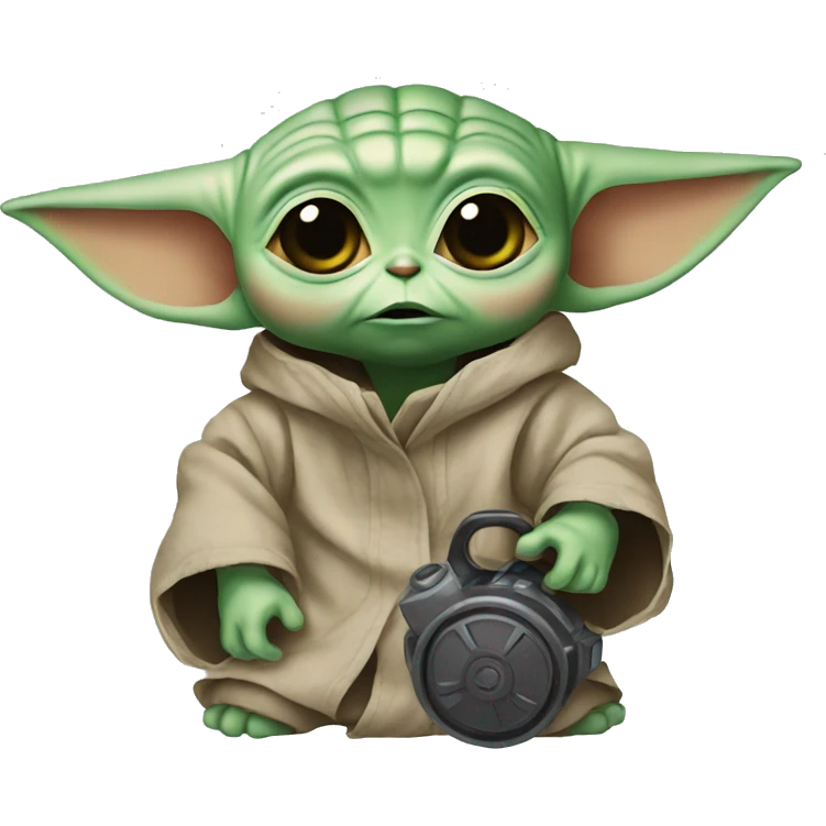 Baby Yoda with a scared face holding a gear emoji