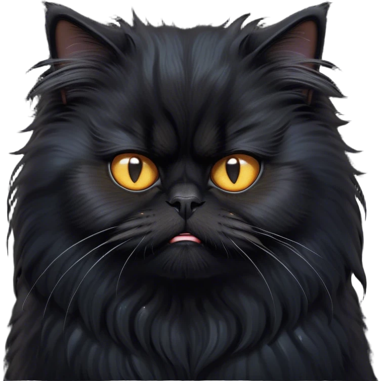 Cinematic Grumpy Frazzled Black Persian Cat Portrait Emoji, Head tilted with an exaggeratedly grumpy expression, fluffy black fur with hints of silver and deep undertones, Simplified yet hilariously frazzled features with large, expressive eyes, highly detailed, glowing with a warm but irritated glow, high shine, a mix of annoyed and disheveled, stylized with a touch of humor, bright but with a completely frazzled and grumpy face, soft glowing outline, capturing the essence of a quirky yet grumpy kitty, so endearing it feels like it could leap out of the screen and demand attention with its wonderfully grumpy, frazzled charm! emoji