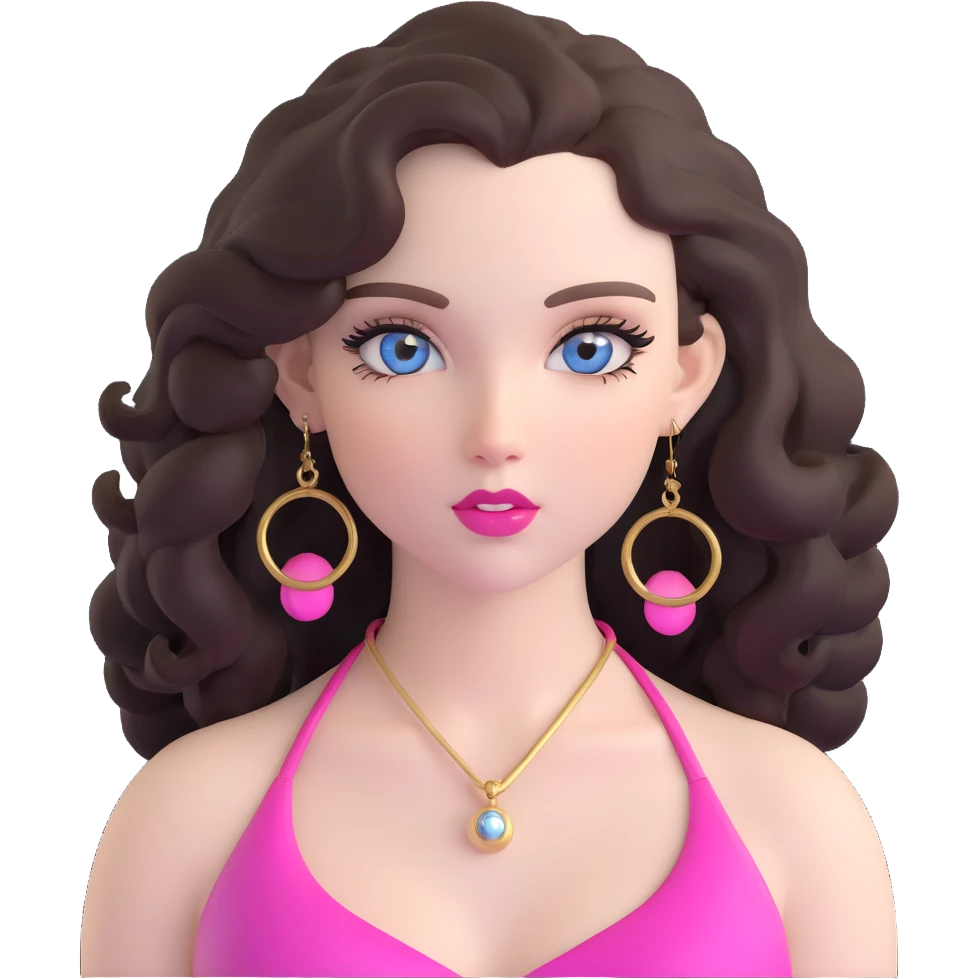 beautiful girl with big blue-grey eyes, long lashes, pale skin, pink lips, long voluminous dark brown curls, confident expression, gold hoop earrings, silky revealing halter top emoji