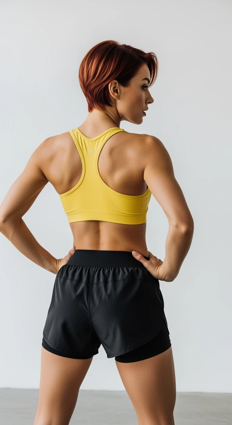 DONNA FITNESS DI SPALLE, IPERREALISTICA 4K, SFONDO BIANCO emoji