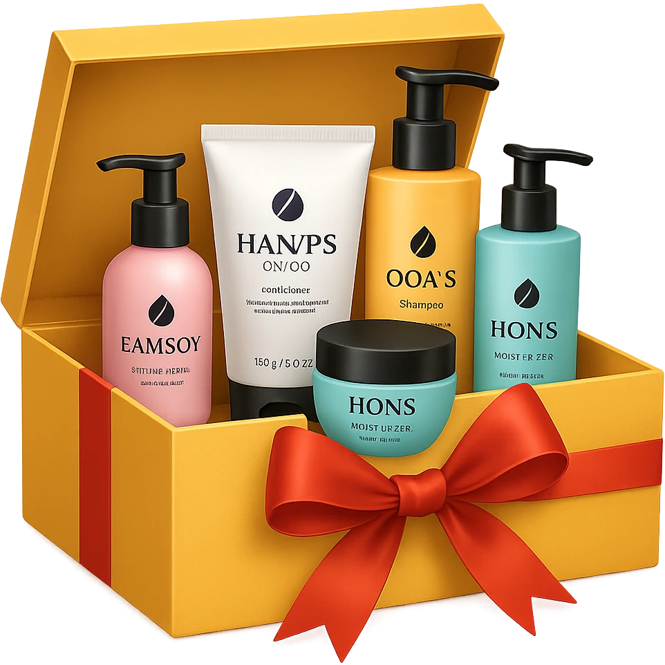 emoji of Gift box with beauty products (shampoo, creams, styling products), a gift box is beautyful open box full of luxury brand-labeled beauty products, with no background emoji