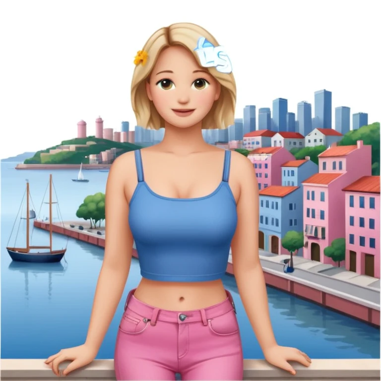 jennifer lawrence, pink crop top, and blue jeans, leaning on a balcony with a harbor and cityscape in the background, smiling emoji