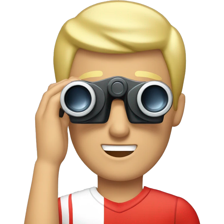 Blond Man with red and white sports shirt making binoculars expression with hands emoji