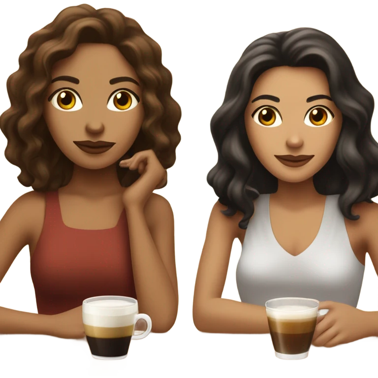 puerto rican woman light skin with shoulder-length, wavy, brown hair drinking latte with Roman woman with black, straight hair drinking espresso at table emoji