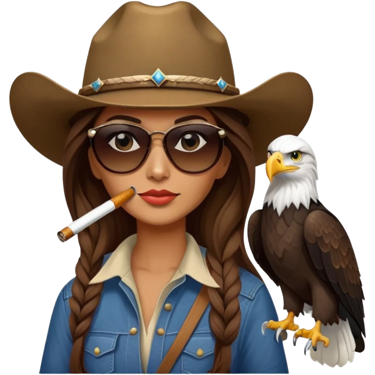 Country woman in cowboy hat with long brown hair with sunglasses with bald eagle on her shoulder and a cigarette in her mouth  emoji