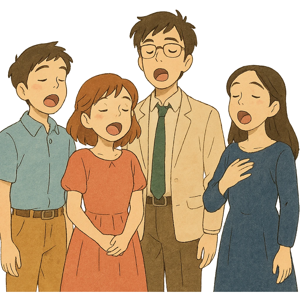 harmonious and expressive acappella group, ghibli style emoji