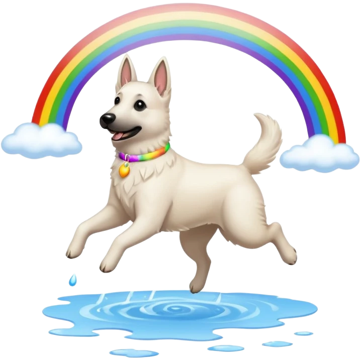 White belgian Shepard jumping over Rain puddles. There is a rainbow in the sky emoji