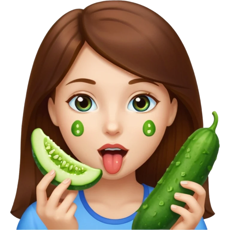 I want a brown hair blue eyes girl emoji, sucking a cucumber and holding two more in her hands. Make here licking a cucumber  emoji