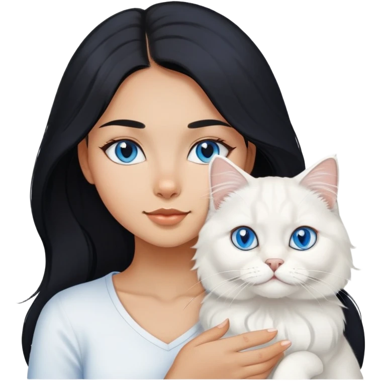 black hair girl with White British longhair cat blue eyes  emoji