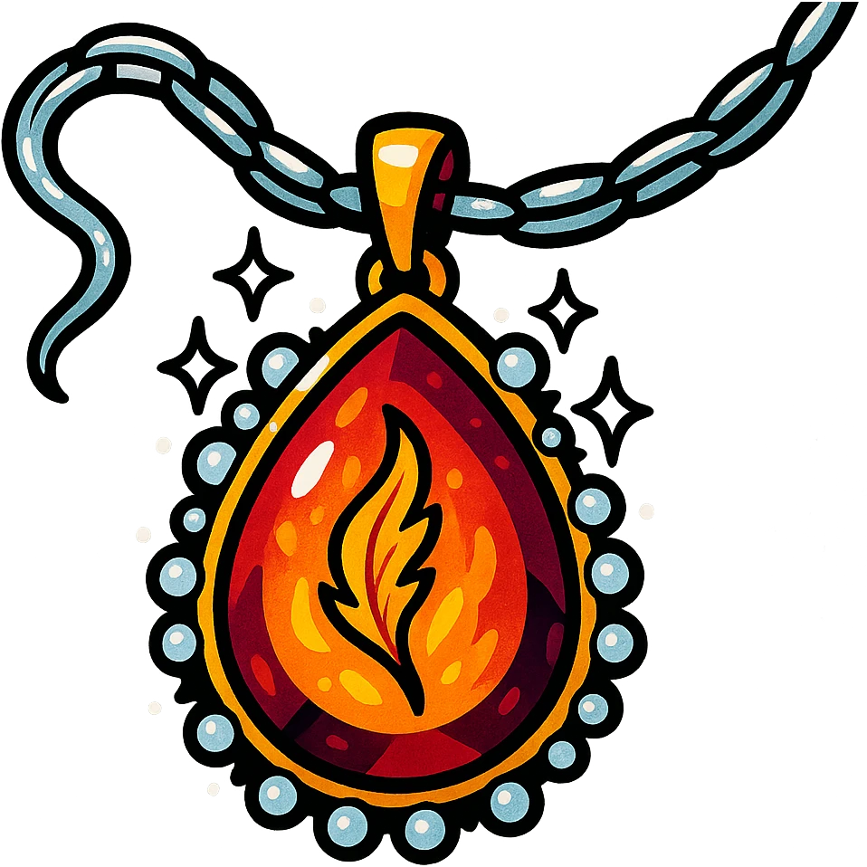 A teardrop ruby pendant with fiery light, a tiny phoenix feather emerging, haloed by shimmering white stones, and a silver chain like liquid moonlight emoji