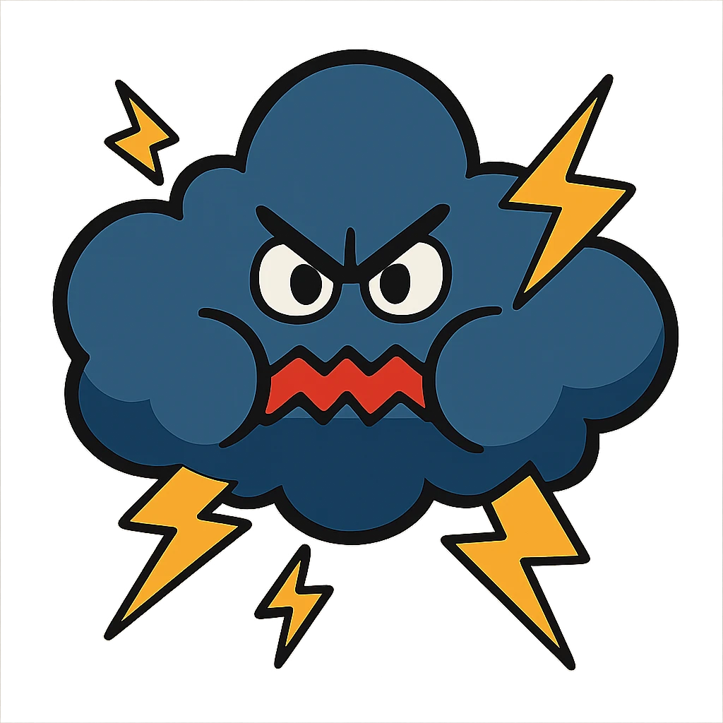 angry thunderstorm cloud, cartoon style, zigzag mouth, puffed cheeks, lightning around emoji