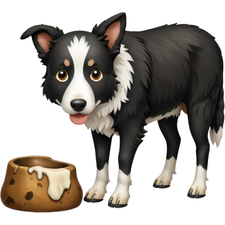 A black and white border collie is chewing on a cow's hoof. emoji